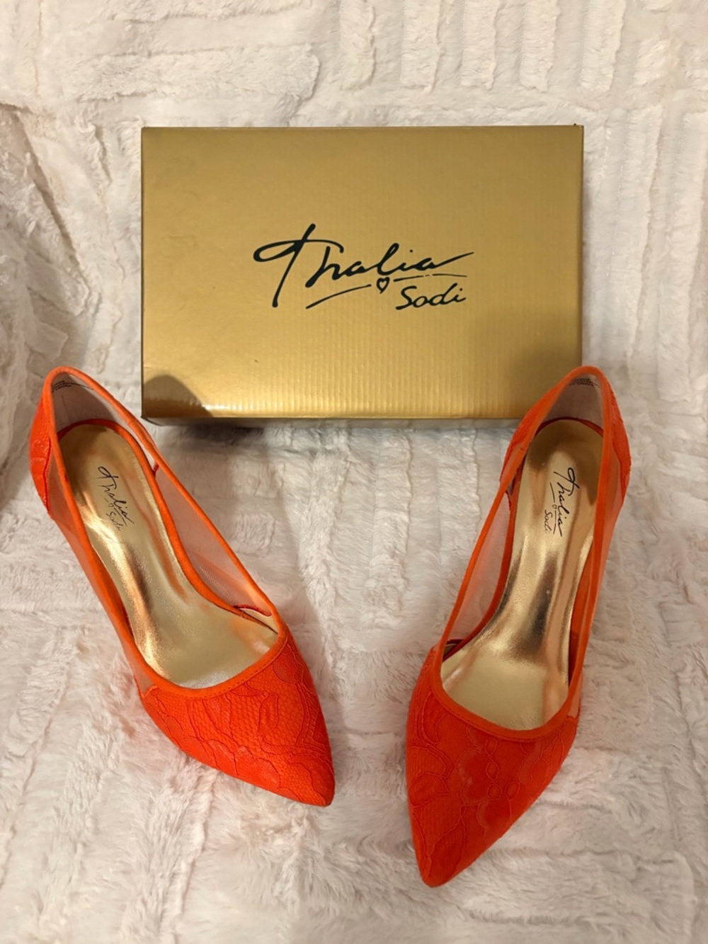 Thalia Sodi Bright Orange Lace Pointed Pumps
